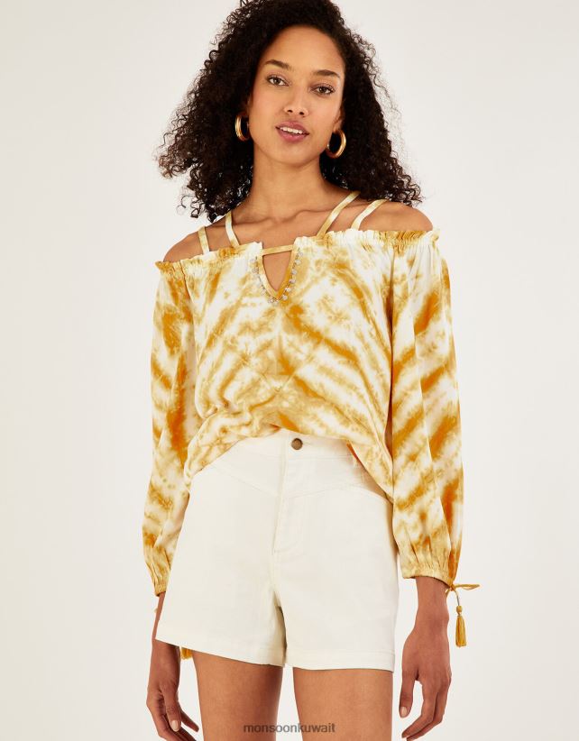 Monsoon accessorize - بلوزة بأكمام طويلة وطبعات مصبوغة ملابس المغرة الصفراء) Monsoon نحيف N4BV8X869