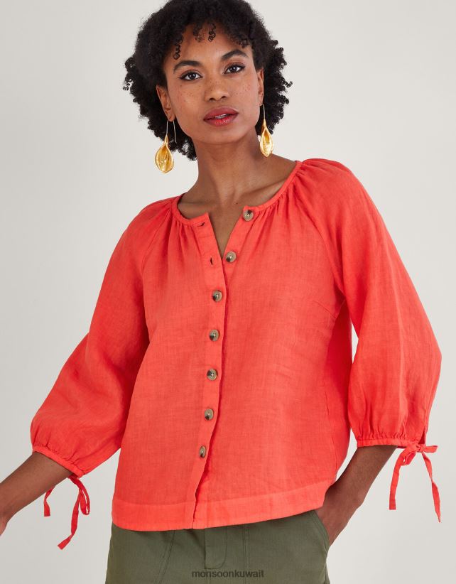 بلوزة من الكتان برباط عنق دائري ملابس أحمر Monsoon نحيف N4BV8X880 - Monsoon children