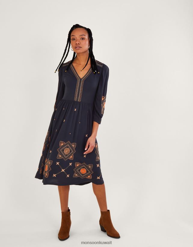 فستان جيرسيه ميدي بأكمام منتفخة ملابس الأزرق الداكن) Monsoon نحيف N4BV8X883 - Monsoon kuwait online shopping