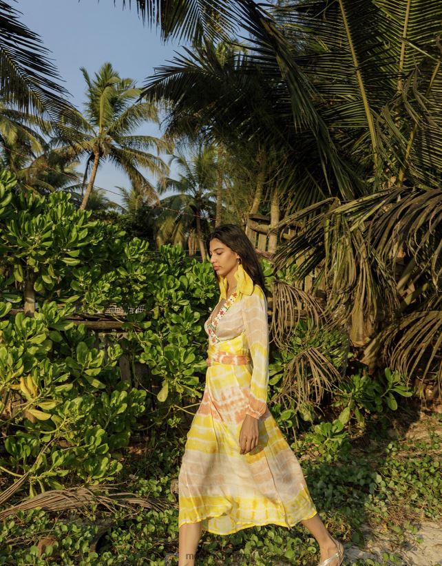 فستان قفطان ماكسي مصبوغ برباط فاخر ملابس أصفر Monsoon نحيف N4BV8X886 - Monsoon online customer service