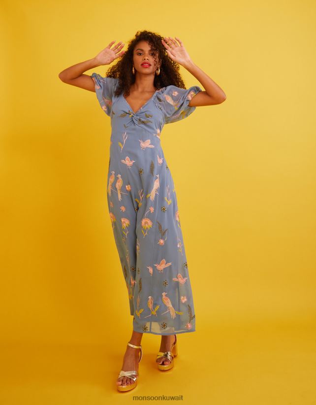 فستان داني ميدي مطرز ملابس أزرق Monsoon نحيف N4BV8X894 - Monsoon kuwait online shopping