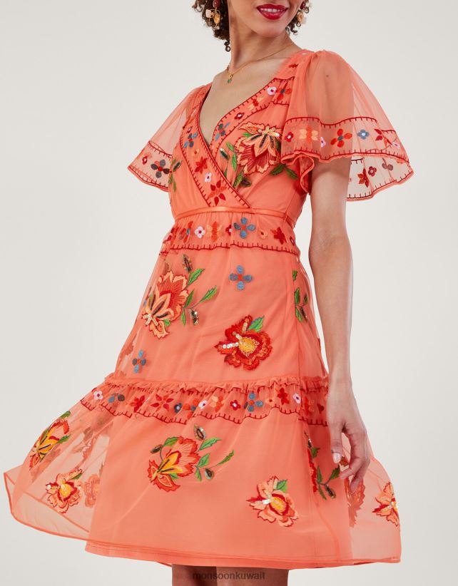 فستان آنا المطرز بطبقات من البوليستر المعاد تدويره ملابس البرتقالي Monsoon نحيف N4BV8X916 - Monsoon online customer service