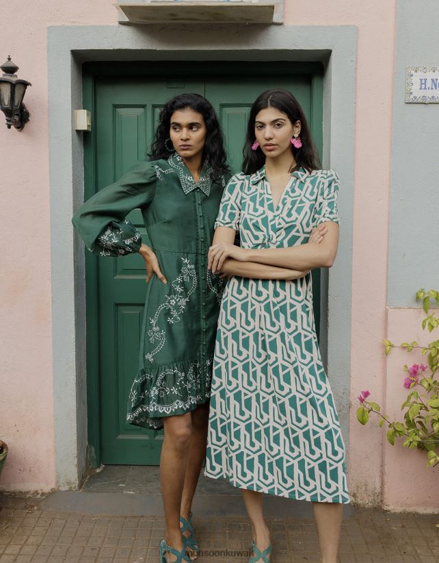 Monsoon معنى - فستان قميص ميدي بطبعات هندسية ملابس أخضر Monsoon نحيف N4BV8X920