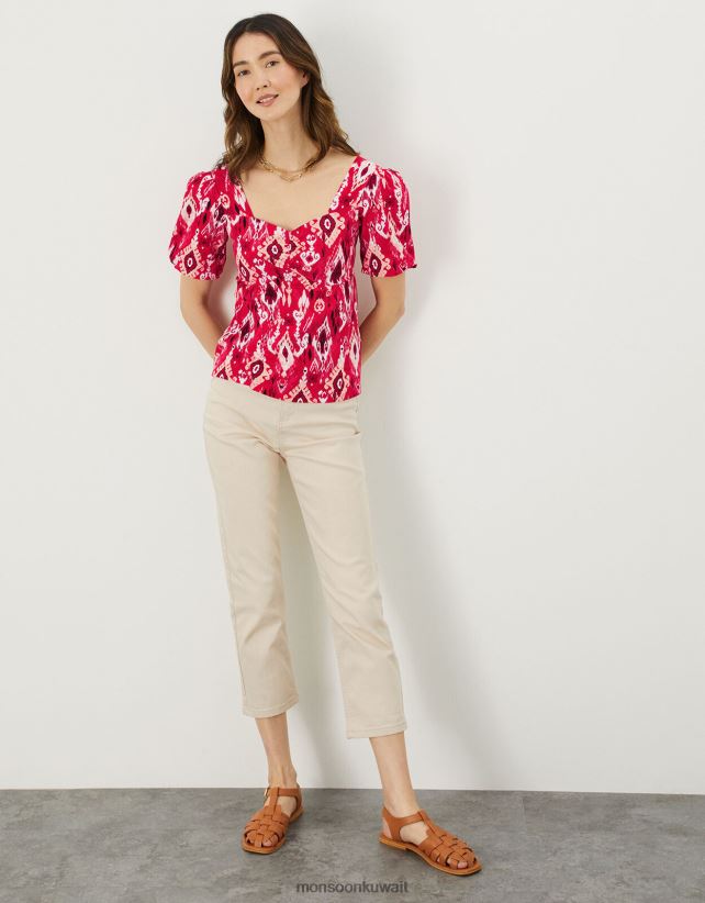 بلوزة برقبة مربعة وطبعة إيكات من القطن المستدام ملابس أحمر Monsoon نحيف N4BV8X924 - Monsoon kuwait avenues