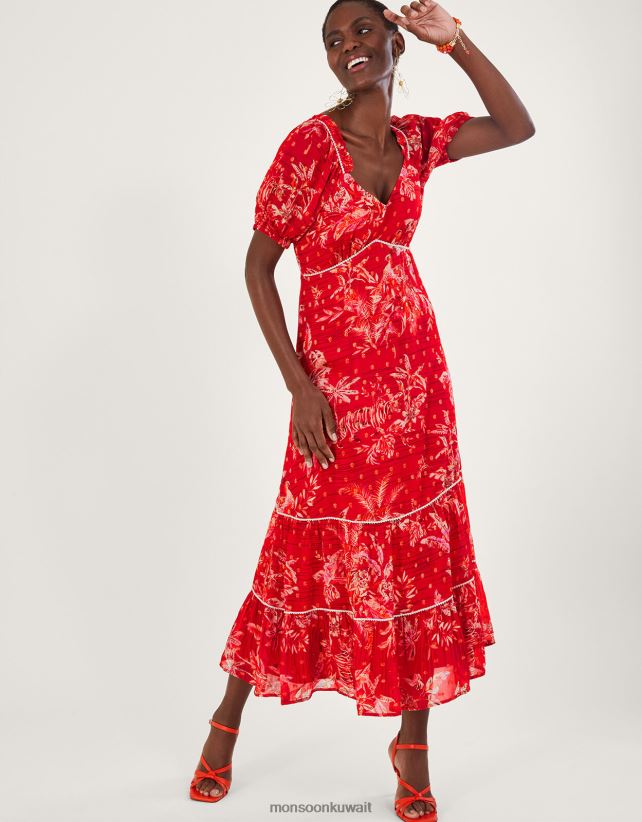 Monsoon محل - فستان آرييل بطبعات طبقات مع الفيسكوز المستدام ملابس أحمر Monsoon نحيف N4BV8X938