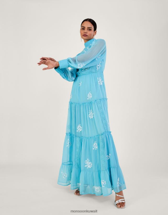 فستان مادي طويل مطرز من البوليستر المعاد تدويره ملابس الأزرق (أكوا) Monsoon نحيف N4BV8X942 - Monsoon children