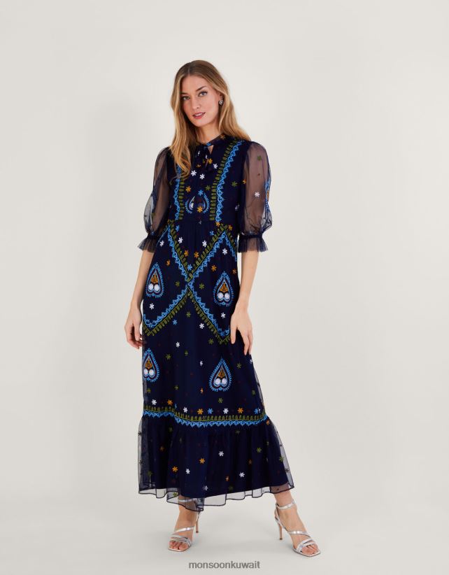 فستان ماكسي مطرز تريسي من البوليستر المعاد تدويره ملابس الأزرق الداكن) Monsoon نحيف N4BV8X945 - Monsoon kuwait online shopping