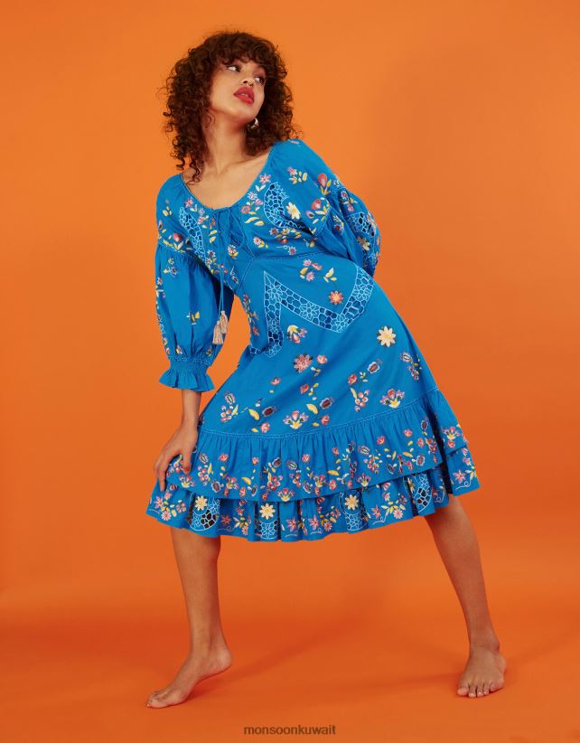 Monsoon Kuwait - فستان مطرز بطول الركبة ملابس أزرق Monsoon نحيف N4BV8X965