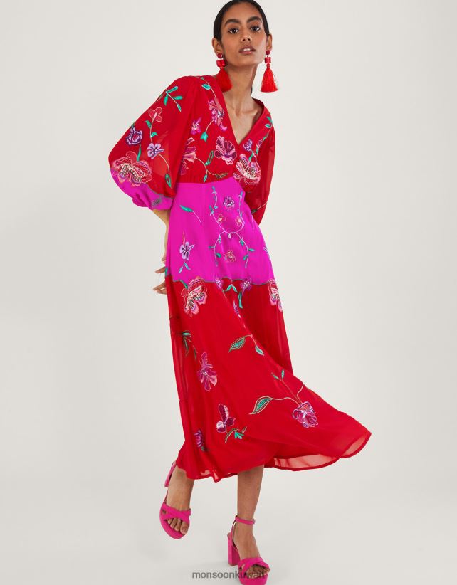 Monsoon معنى - فستان جوانا مزين بالبوليستر المعاد تدويره ملابس أحمر Monsoon نحيف N4BV8X967