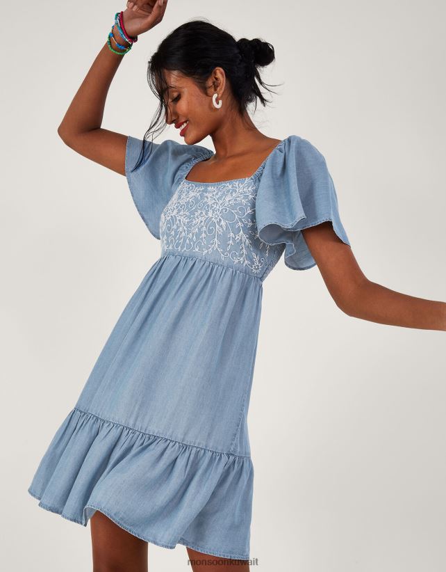فستان جينز قصير مطرز ملابس الأزرق (الدنيم الأزرق) Monsoon نحيف N4BV8X974 - Monsoon children