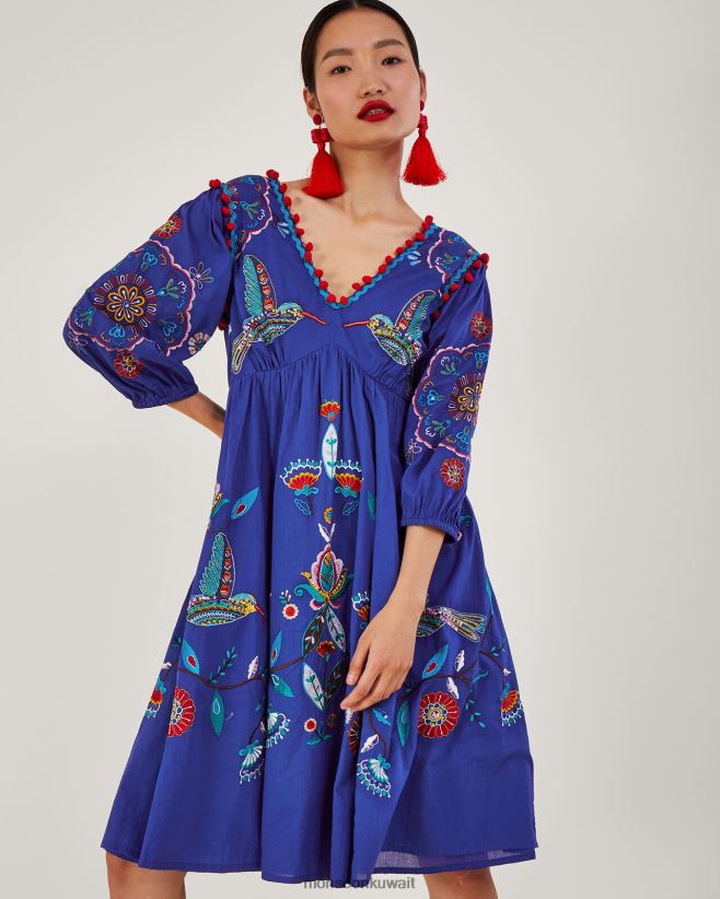Monsoon UAE - الأزهار والطيور تحت فستان الركبة ملابس الأزرق (الكوبالت) Monsoon نحيف N4BV8X980