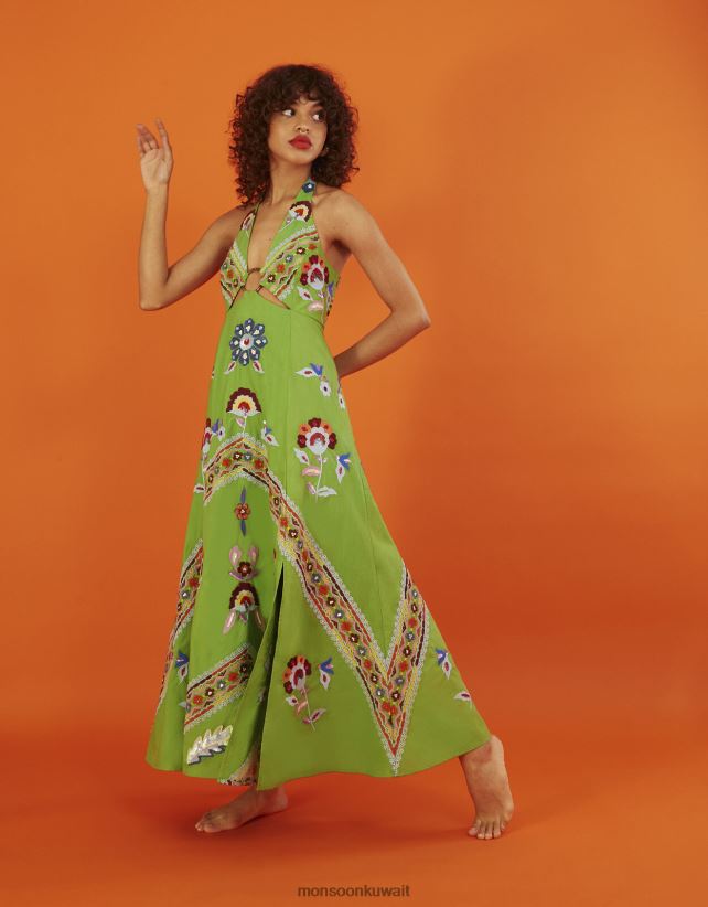 Monsoon UAE - فستان شيرلي طويل مزين بتفاصيل حلقة ملابس أخضر Monsoon نحيف N4BV8X987