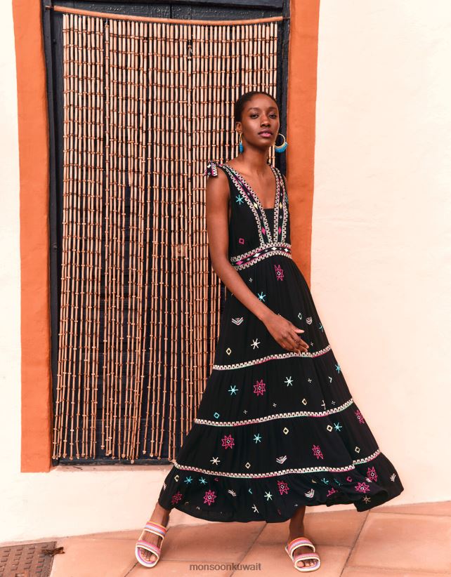 فستان ماكسي كامي مطرز بحزام عريض ملابس أسود Monsoon نحيف N4BV8X990 - Monsoon kuwait online shopping