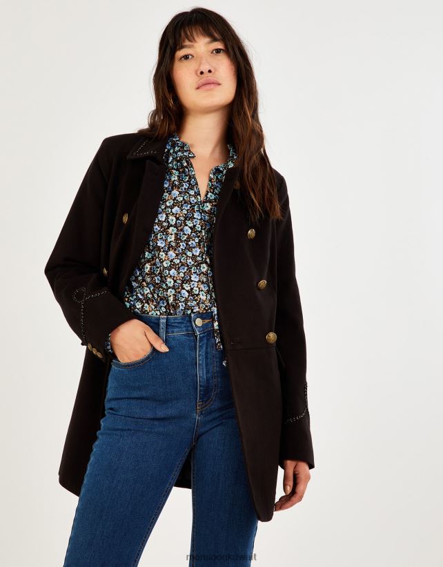 Monsoon Kuwait - معطف Myla العسكري التفصيلي ملابس أسود Monsoon نحيف N4BV8X716