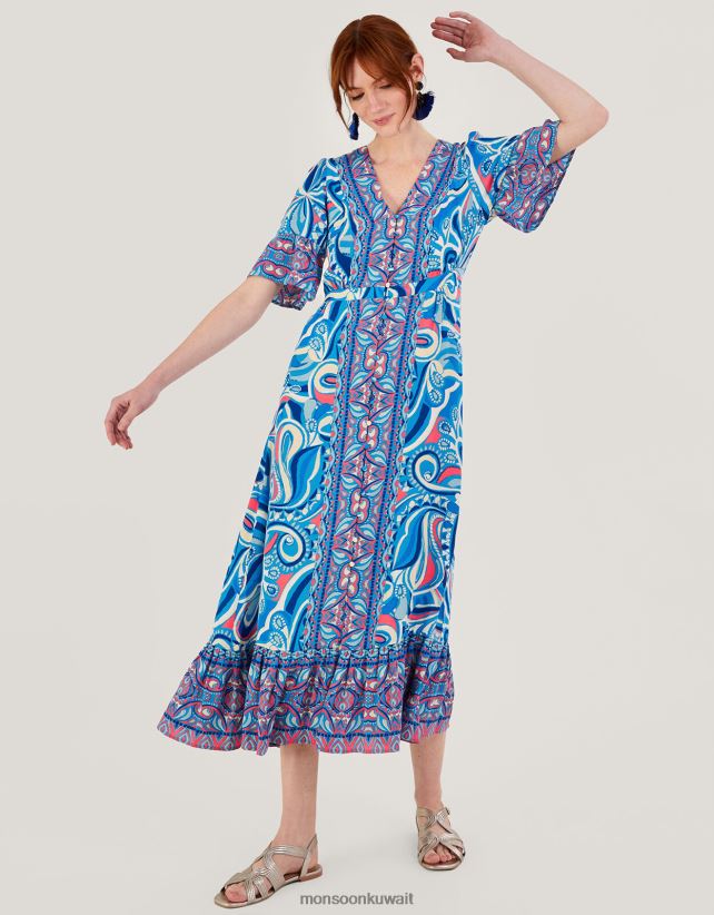 فستان Raegan بطباعة متباينة مع Lenzing Ecovero ملابس أزرق Monsoon نحيف N4BV8X415 - Monsoon online customer service