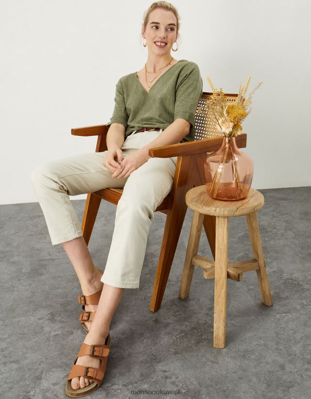 Monsoon Kuwait - تي شيرت برقبة على شكل حرف V مصنوع من مزيج الكتان ملابس الأخضر (الكاكي) Monsoon نحيف N4BV8X1072