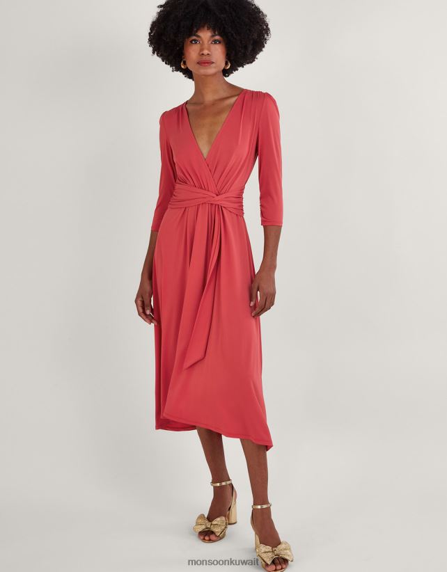 Monsoon Kuwait - فستان جيرسي ملفوف من الأمام برقبة على شكل حرف V مصنوع من البوليستر المعاد تدويره ملابس لون القرنفل Monsoon نحيف N4BV8X594