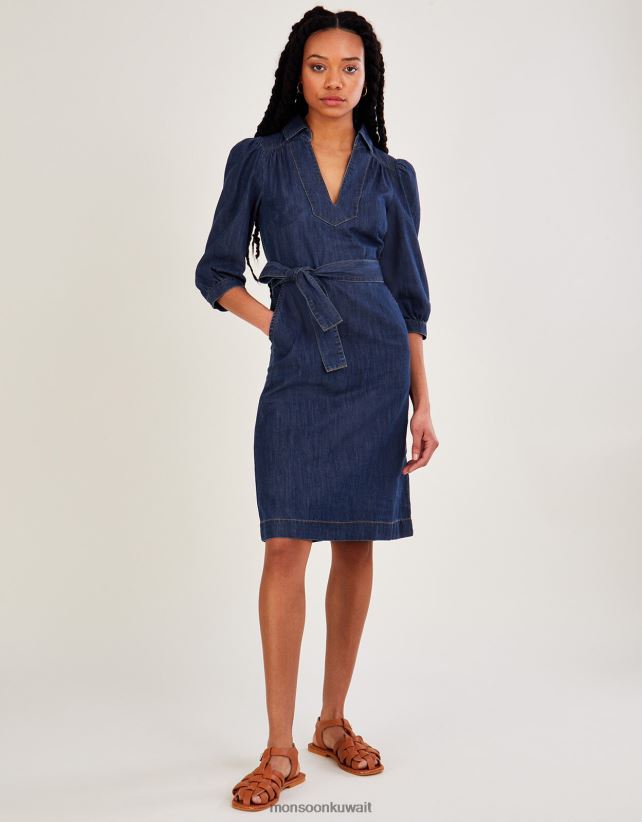 Monsoon Kuwait - فستان ميدي من الدنيم برقبة على شكل حرف V وحزام ملابس الأزرق (الدنيم الأزرق) Monsoon نحيف N4BV8X863