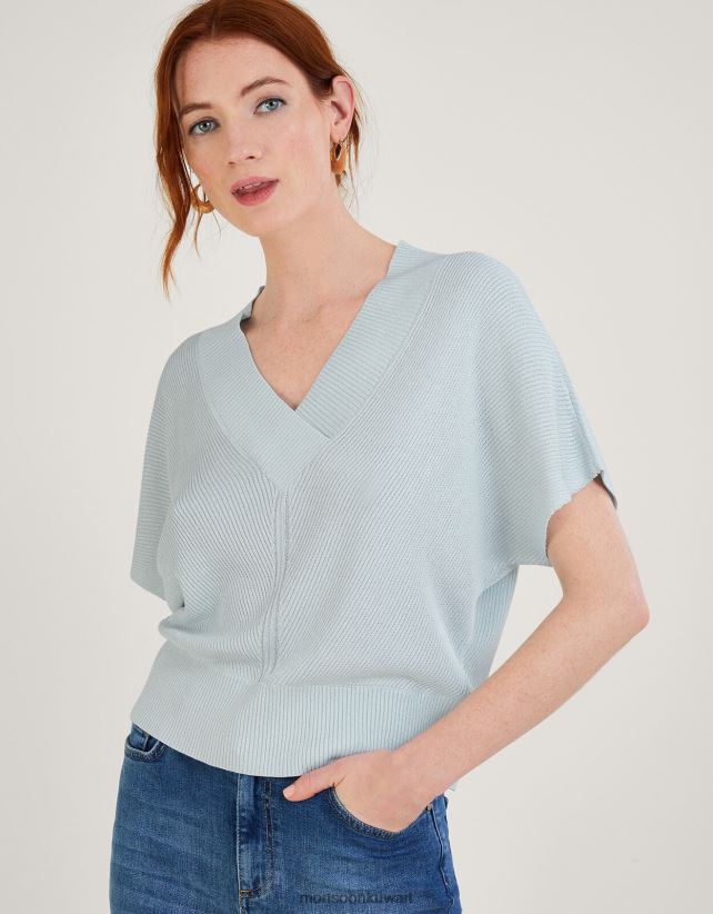 Monsoon UAE - سترة معدنية فضفاضة بأكمام قصيرة ورقبة على شكل حرف V ملابس أزرق Monsoon نحيف N4BV8X888