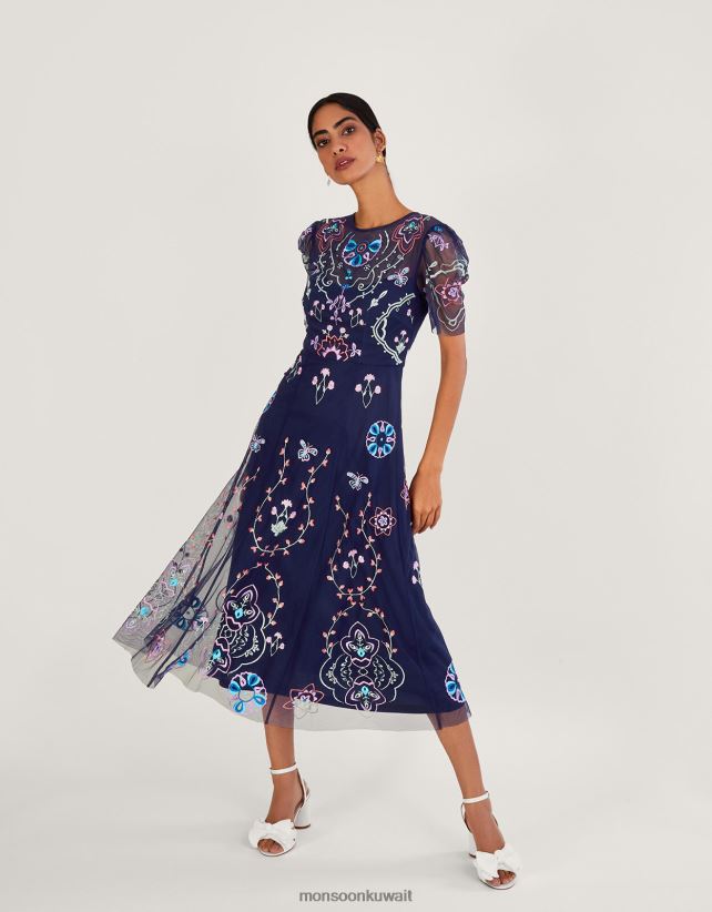 فستان متوسط ​​الطول مطرز من تصميم leor من البوليستر المعاد تدويره ملابس الأزرق الداكن) Monsoon نحيف N4BV8X997 - Monsoon kuwait online shopping