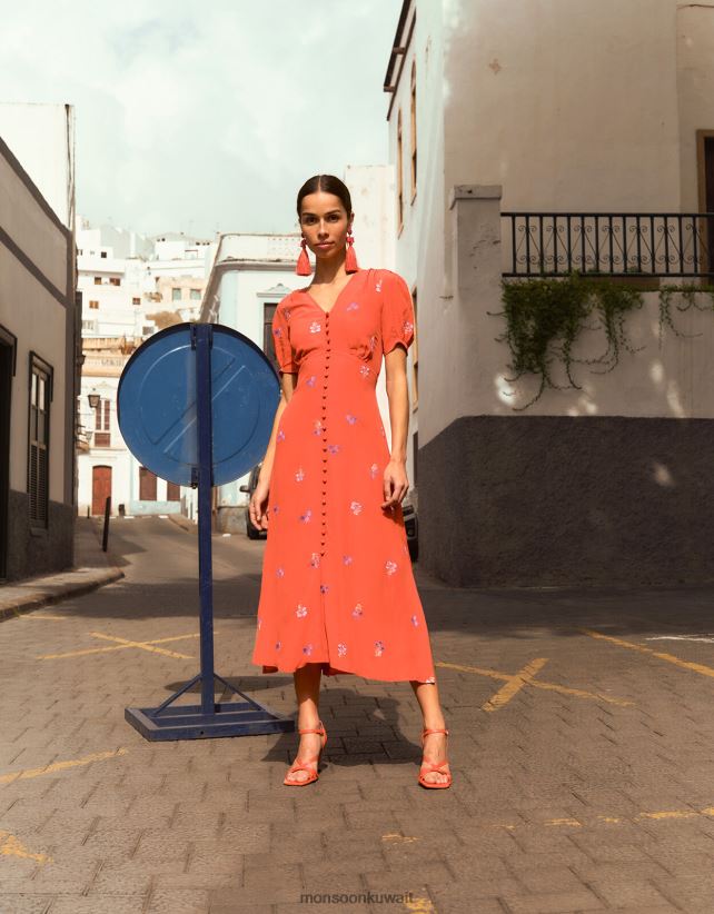 فستان شاي مطرز من تصميم ollie مصنوع من الفيسكوز المستدام ملابس البرتقالي Monsoon نحيف N4BV8X918 - Monsoon children