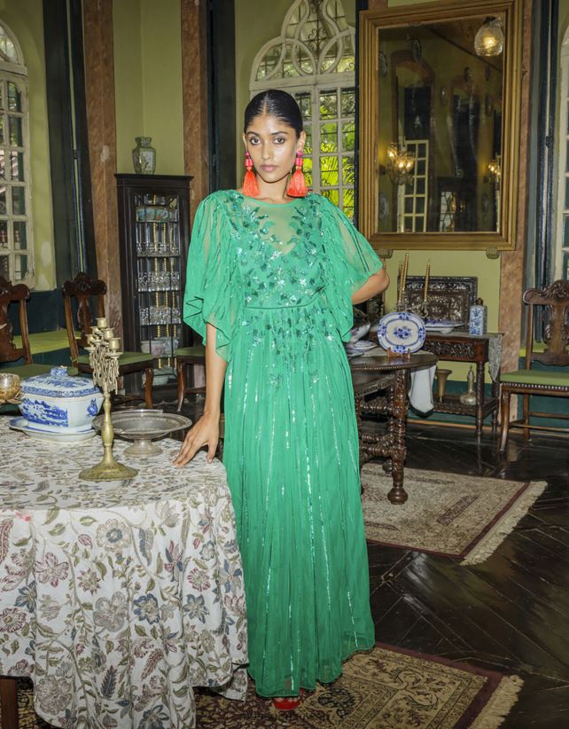 فستان طويل مزين من تصميم ottilie من البوليستر المعاد تدويره ملابس أخضر Monsoon نحيف N4BV8X1181 - Monsoon online customer service