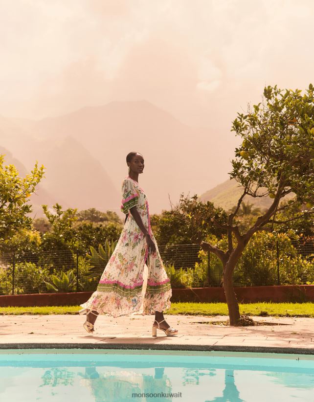 Monsoon محل - فستان ماكسي بطبعة زهور ميتاليك من uma ملابس عاج Monsoon نحيف N4BV8X823